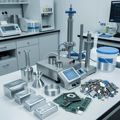 Lingots d’argent, fils métalliques, composants industriels et déchets électroniques triés autour d’un poste de recyclage en laboratoire.
