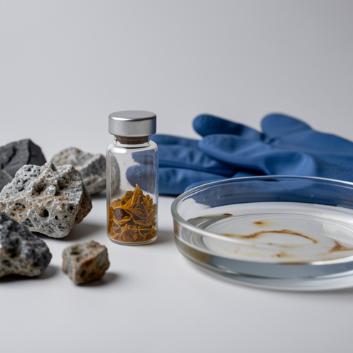 Échantillon de cadmium dans un flacon scellé, entouré de roches minérales et d’un récipient d’eau évoquant son impact environnemental.