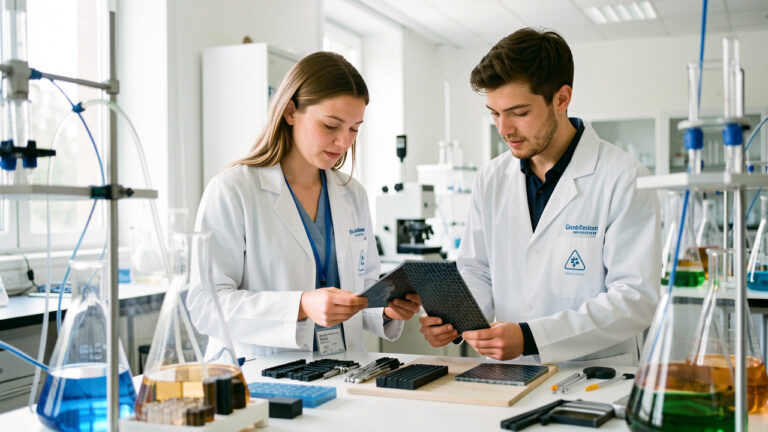 Deux jeunes scientifiques étudient des matériaux composites dans un laboratoire moderne à Lille.