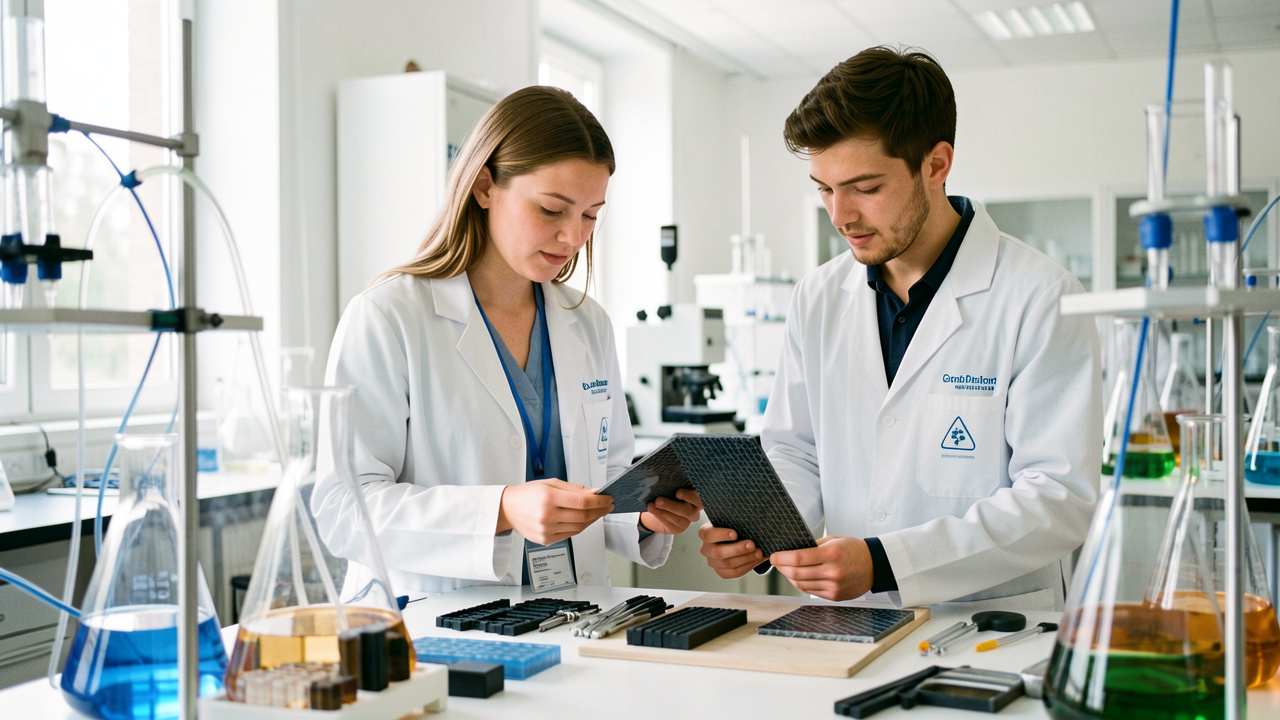 Deux jeunes scientifiques étudient des matériaux composites dans un laboratoire moderne à Lille.