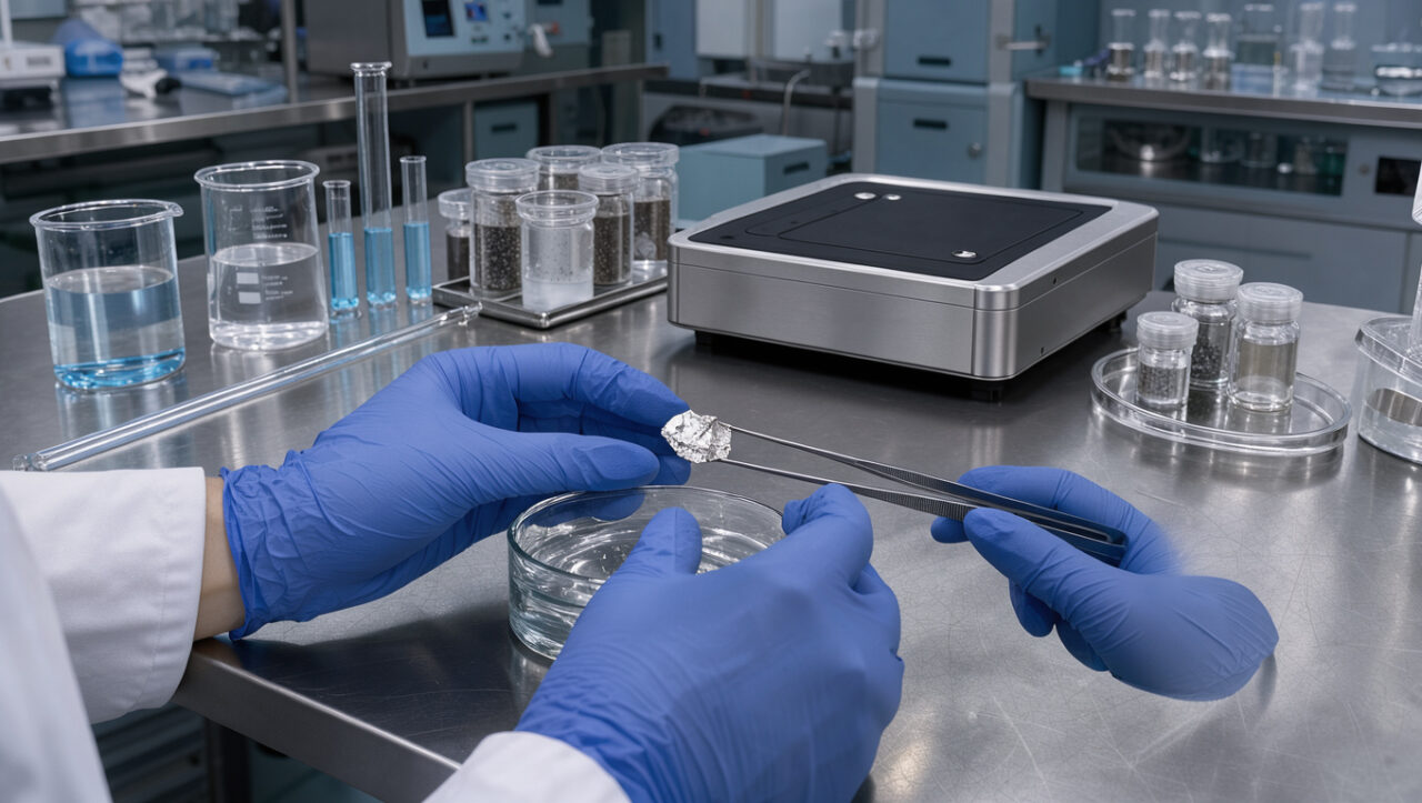 Échantillons de matériaux à base de gadolinium et verrerie de laboratoire autour d’un composant d’imagerie médicale dans un environnement de recherche scientifique.