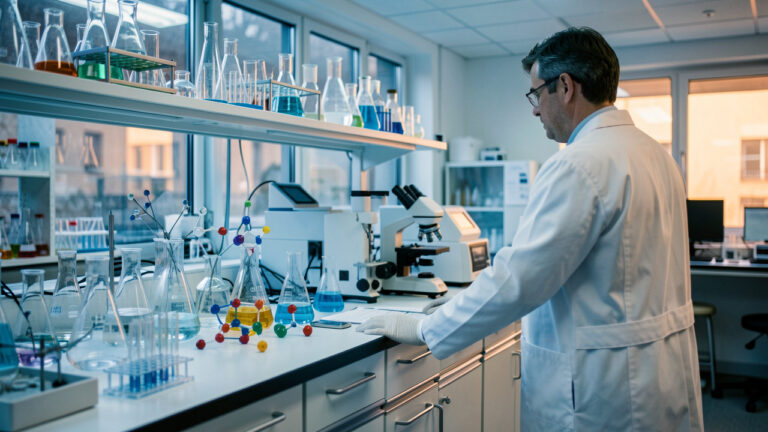 Laboratoire de chimie moderne présentant de la verrerie, des modèles moléculaires et des instruments d’analyse, illustrant les débouchés après un master à Lille.