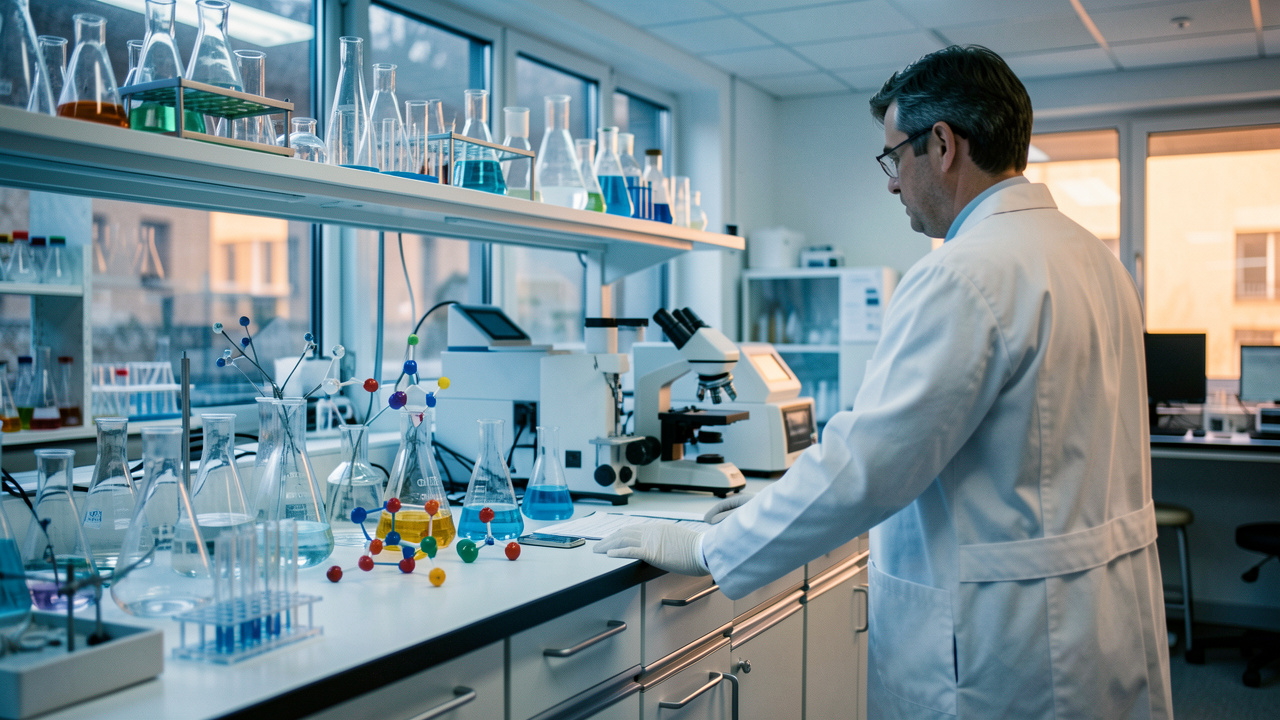 Laboratoire de chimie moderne présentant de la verrerie, des modèles moléculaires et des instruments d’analyse, illustrant les débouchés après un master à Lille.