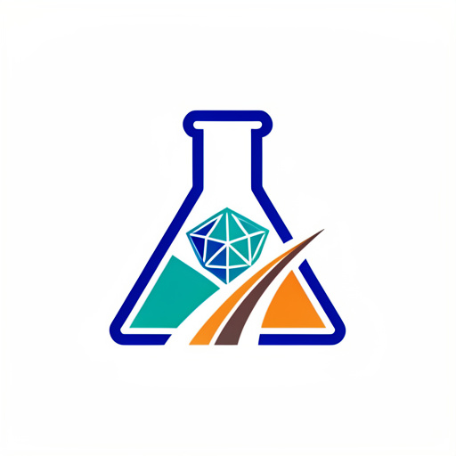 Emblème minimaliste représentant un flacon de laboratoire, une structure cristalline géométrique et un chemin ascendant aux couleurs bleu cobalt, turquoise et orange sur fond blanc.
