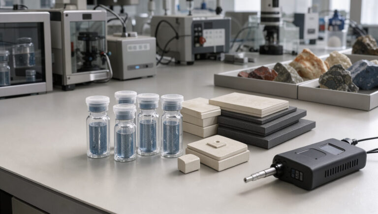 Échantillons minéraux scellés, composants en céramique et capteur environnemental disposés sur une paillasse de laboratoire moderne.