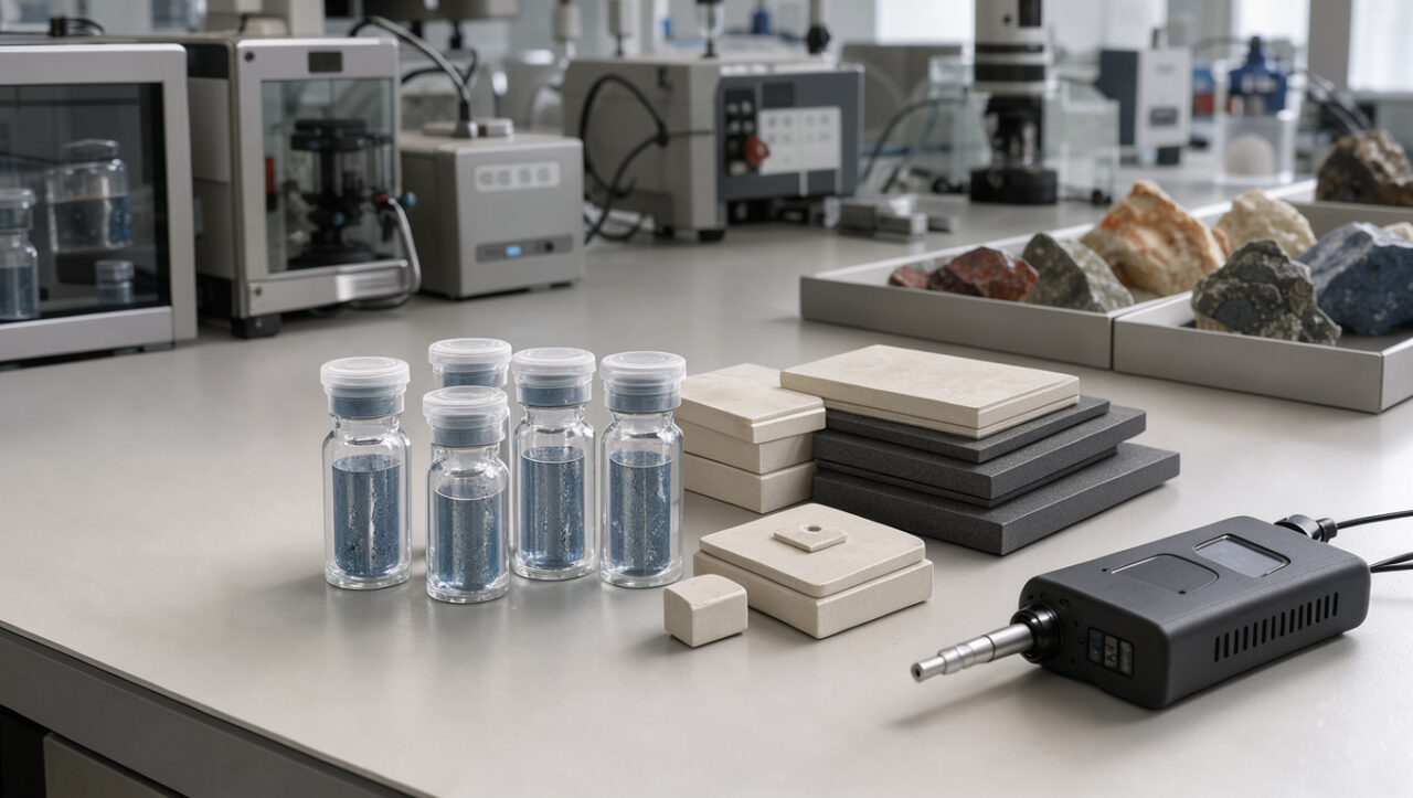 Échantillons minéraux scellés, composants en céramique et capteur environnemental disposés sur une paillasse de laboratoire moderne.