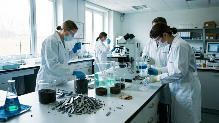 Laboratoire d’ingénierie environnementale présentant des échantillons de sol, des fragments de métal recyclé et du matériel d’analyse pour la dépollution et les matériaux.