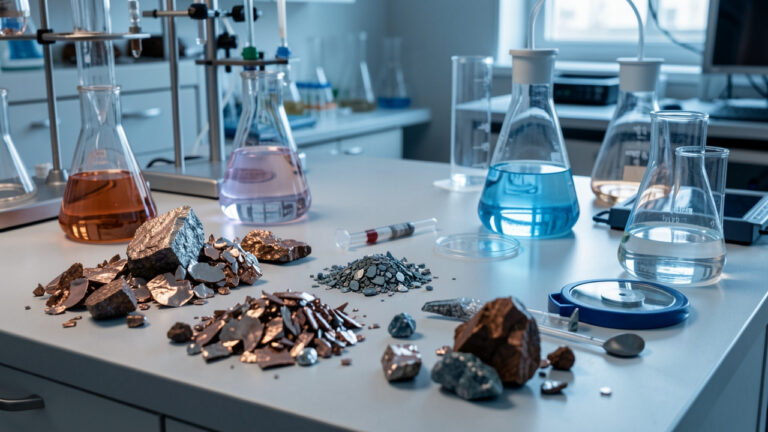 Échantillons minéraux, fragments métalliques recyclés et verrerie de laboratoire illustrant les études liées à l’antimoine, aux matériaux, au recyclage et à la chimie industrielle.