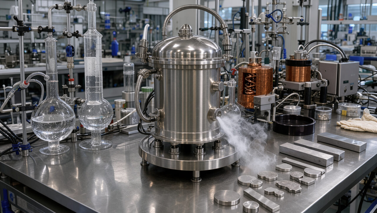 Laboratoire de science des matériaux avec un dispositif cryogénique, des composants supraconducteurs et des équipements dédiés à la recherche sur l’hélium et les technologies de pointe.