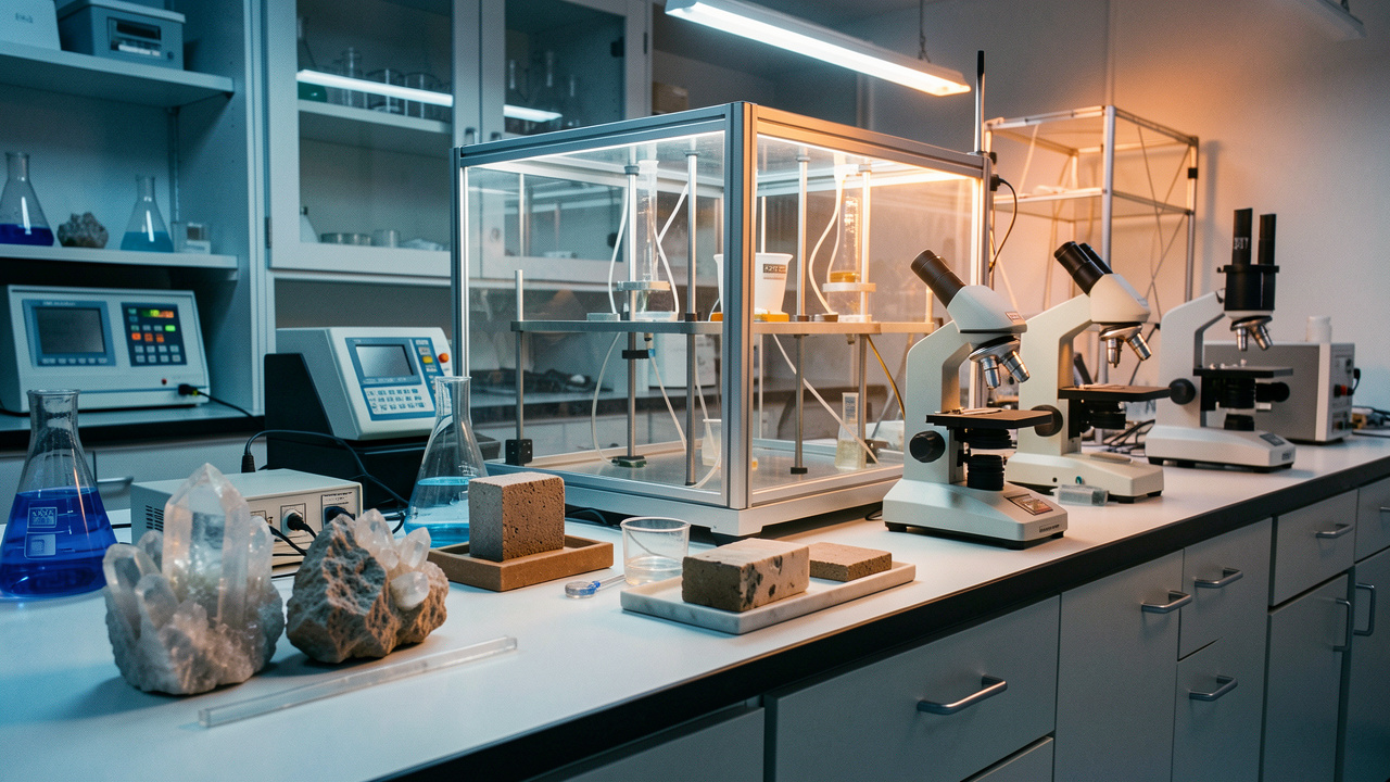 Laboratoire moderne de chimie et de science des matériaux présentant des échantillons cristallins, des composites céramiques de protection, une enceinte vitrée blindée et des instruments de dosimétrie.