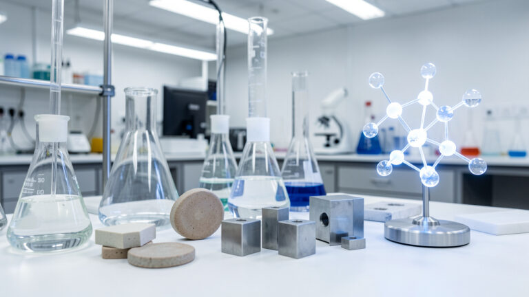 Laboratoire moderne de chimie et des matériaux présentant des échantillons de céramique et d’alliages autour d’un modèle moléculaire lumineux de l’oxygène.