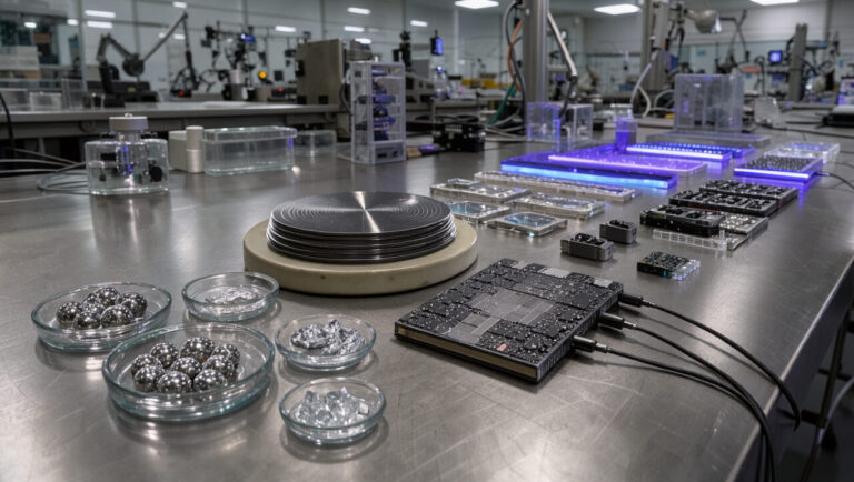 Laboratoire de science des matériaux présentant du gallium, des plaquettes de semi-conducteurs et des composants optoélectroniques sous une lumière bleue violette.