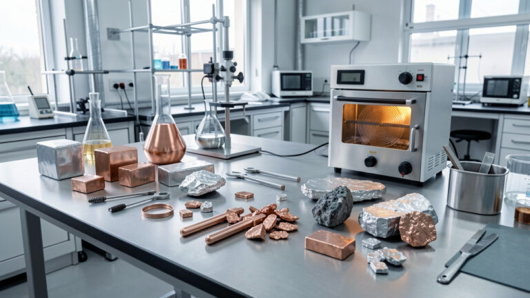 Échantillons d’étain, d’alliages métalliques et de matériaux recyclés disposés dans un laboratoire moderne consacré à la métallurgie et aux matériaux.