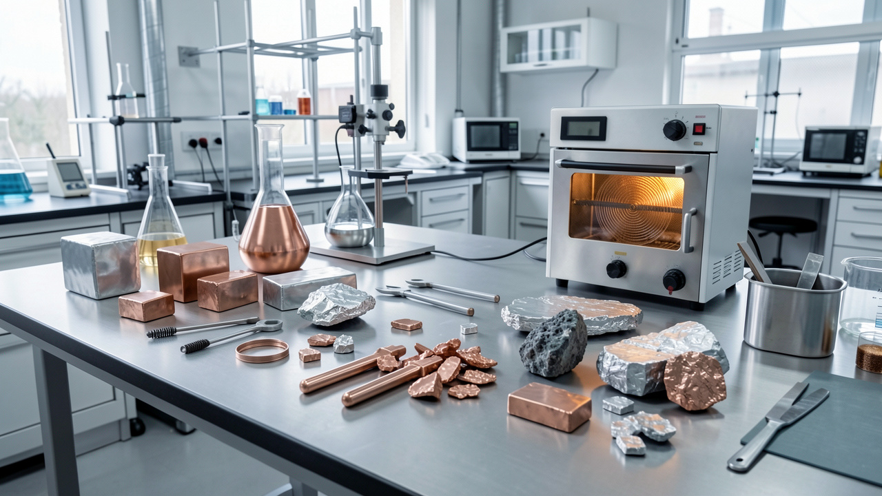 Échantillons d’étain, d’alliages métalliques et de matériaux recyclés disposés dans un laboratoire moderne consacré à la métallurgie et aux matériaux.
