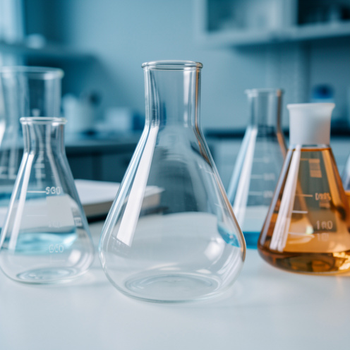 Flacon de chimie en verre présenté sur une paillasse de laboratoire entouré de différentes formes de verrerie scientifique.