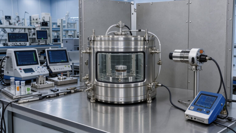 Laboratoire moderne de radioprotection présentant une chambre d’échantillonnage scellée, des instruments de sciences des matériaux, un blindage en plomb et un détecteur de rayonnement.