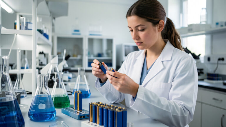 Une jeune scientifique observe des échantillons de matériaux au cobalt et des cellules de batteries dans un laboratoire de chimie pédagogique.