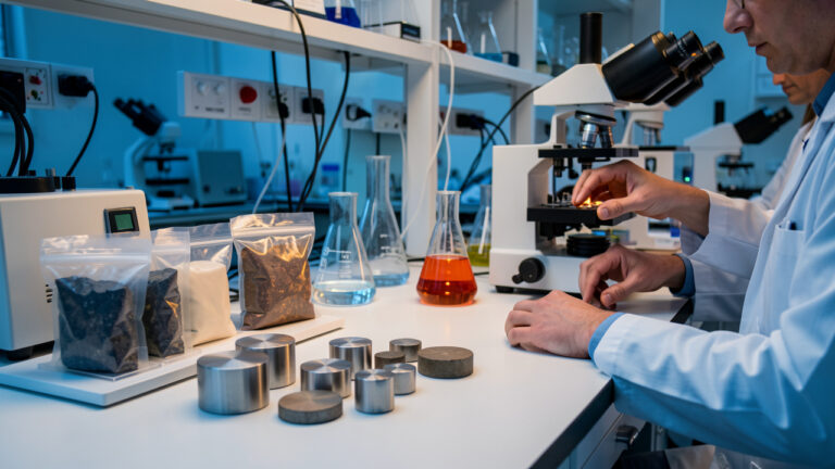 Laboratoire de science des matériaux présentant des échantillons minéraux, des pastilles céramiques, des alliages métalliques et du matériel d’analyse liés aux formations pour travailler dans le secteur nucléaire.