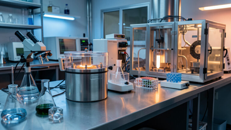 Laboratoire de recherche nucléaire présentant un échantillon métallique scellé, un spectromètre de précision, des modèles de réseaux cristallins et une boîte à gants.