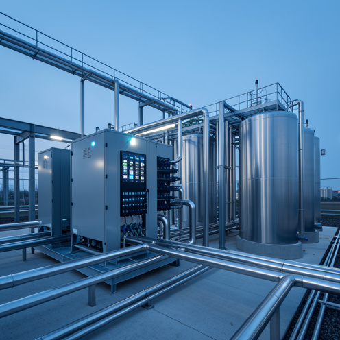 Vue réaliste d’une installation industrielle moderne de production d’hydrogène avec électrolyseurs, réservoirs cylindriques et tuyauteries métalliques éclairés par une lumière bleutée.