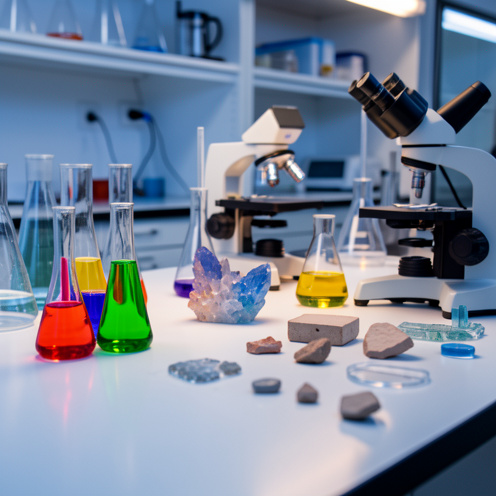 Laboratoire moderne de chimie des matériaux avec des échantillons colorés, des structures cristallines et des instruments de précision disposés sur une paillasse.