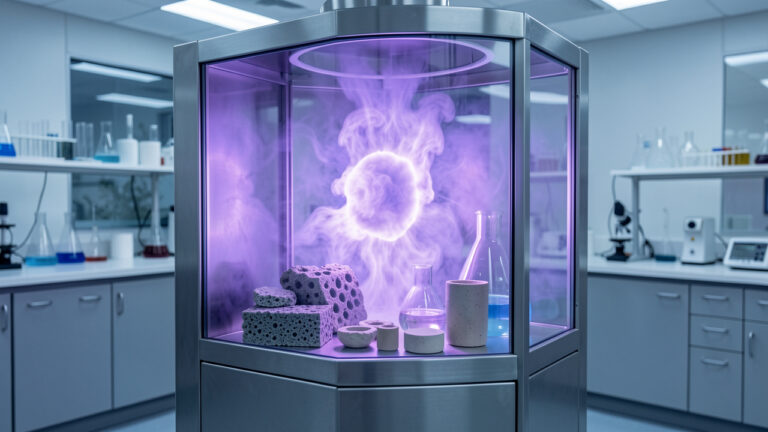 Chambre de recherche en verre contenant une lueur violette de krypton et des matériaux avancés destinés à la chimie environnementale.