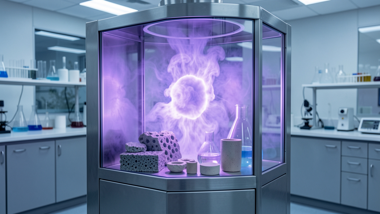 Chambre de recherche en verre contenant une lueur violette de krypton et des matériaux avancés destinés à la chimie environnementale.