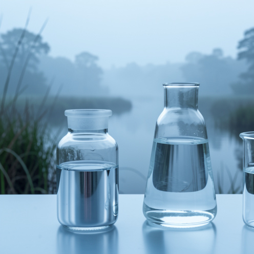 Flacon scellé contenant du mercure argenté à côté de verrerie de laboratoire, devant une zone humide évoquant les enjeux environnementaux.