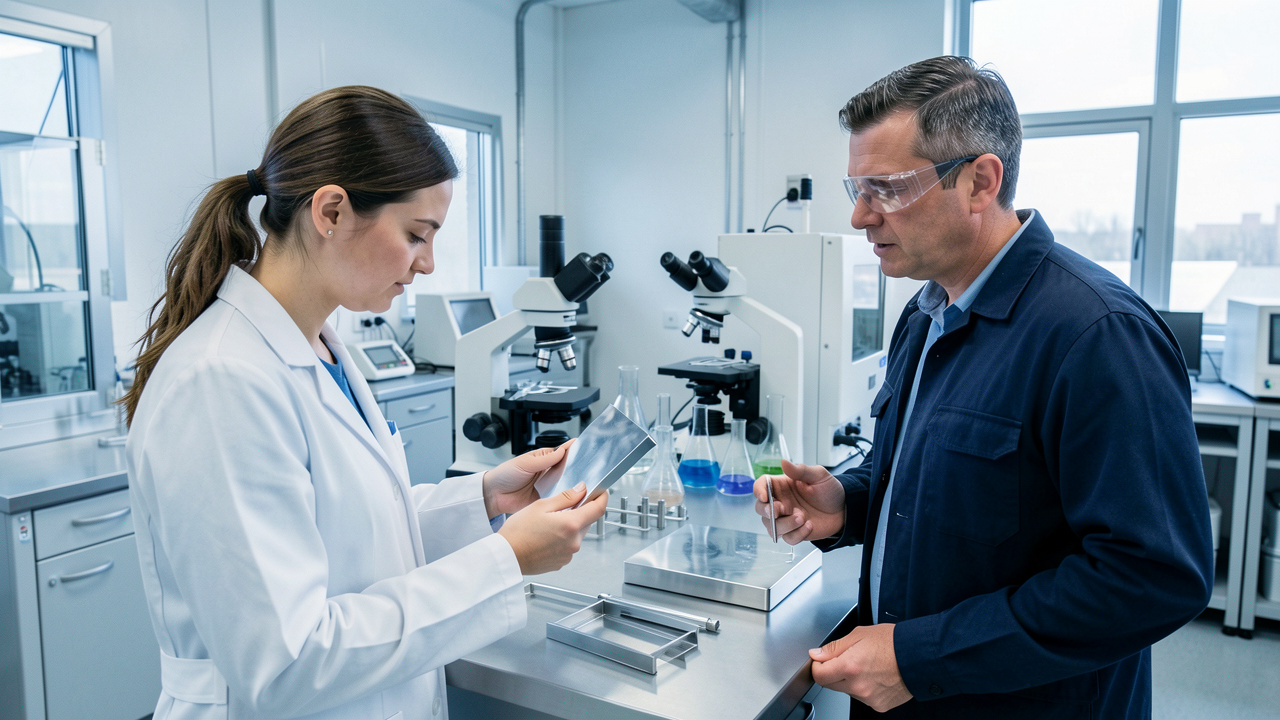 Une femme scientifique et un homme ingénieur examinent un échantillon d’aluminium dans un laboratoire moderne consacré aux matériaux.