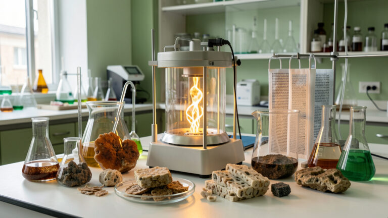 Laboratoire moderne présentant des matériaux à base de phosphore, des composites biodégradables et des membranes de purification de l’eau pour la recherche environnementale.