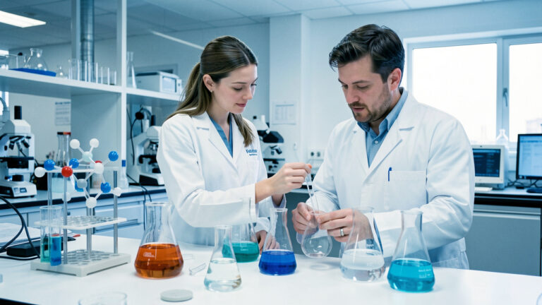 Une femme chimiste et un homme spécialiste des matériaux examinent des échantillons céramiques et du matériel de laboratoire dans un environnement de recherche moderne.