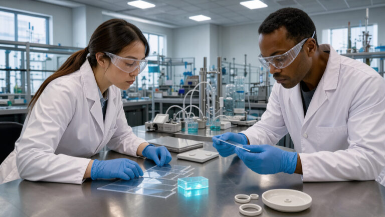 Une chercheuse et un chercheur examinent un échantillon de polymère fluoré dans un laboratoire moderne de chimie et de science des matériaux.
