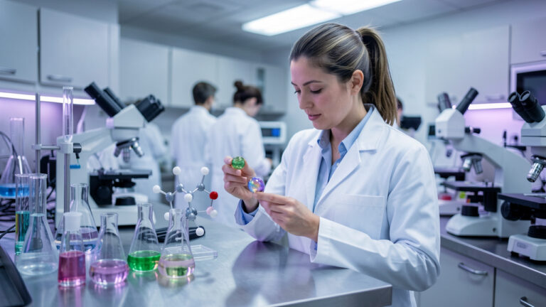 Une femme scientifique examine un échantillon métallique irisé dans un laboratoire moderne de chimie et de science des matériaux.