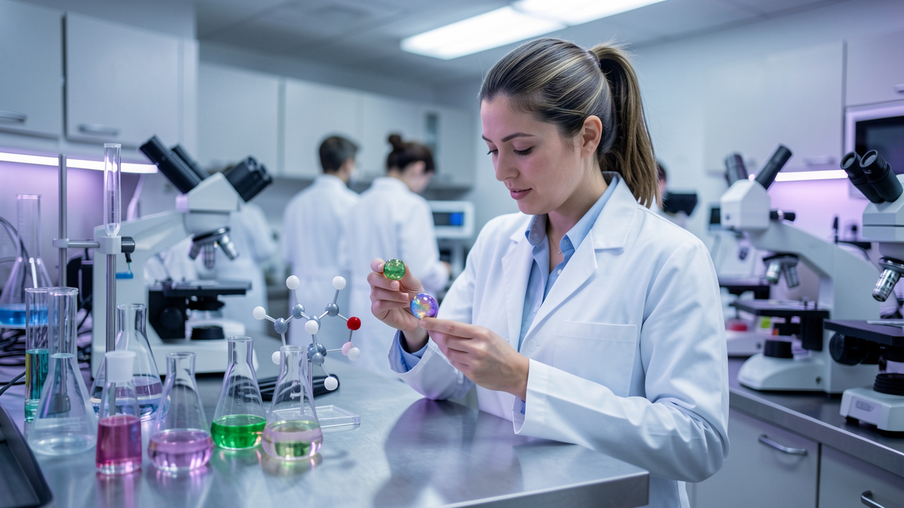 Une femme scientifique examine un échantillon métallique irisé dans un laboratoire moderne de chimie et de science des matériaux.