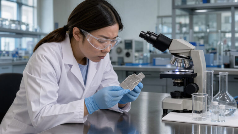 Une scientifique des matériaux observe un échantillon métallique argenté dans un laboratoire de chimie moderne.