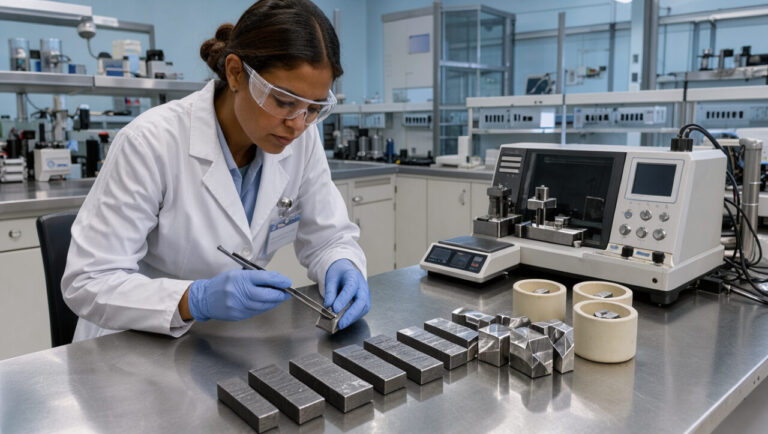 Une chimiste examine des échantillons de tungstène et des composants en carbure dans un laboratoire de recherche en sciences des matériaux.