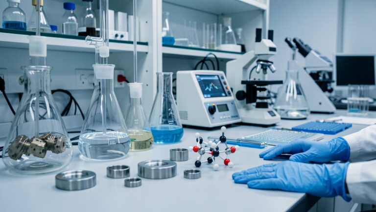Laboratoire moderne de chimie et de science des matériaux présentant des appareils d’analyse, des échantillons d’alliages, des modèles moléculaires et du matériel de recherche.