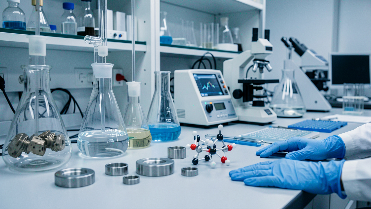 Laboratoire moderne de chimie et de science des matériaux présentant des appareils d’analyse, des échantillons d’alliages, des modèles moléculaires et du matériel de recherche.