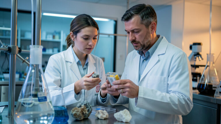 Une femme chimiste environnementale et un homme spécialiste des matériaux analysent un dispositif de détection du radon et des échantillons minéraux dans un laboratoire moderne.