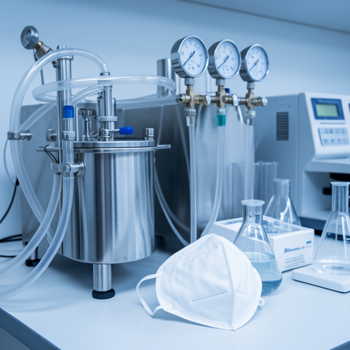 Masque de protection FFP2 placé à côté d’une chambre de traitement en acier inoxydable destinée au nettoyage au CO2 supercritique dans un laboratoire.