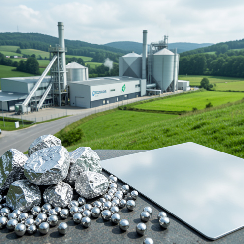 Échantillons de minerai de nickel, granulés métalliques et feuille de nickel poli disposés près d’une installation de recyclage moderne et d’un paysage végétalisé.