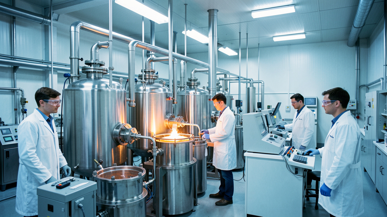 Installation industrielle moderne où des techniciens en tenue de protection surveillent la transformation de matériaux au lithium dans des réacteurs et des équipements de laboratoire.