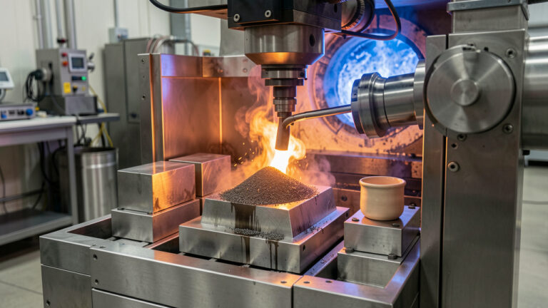 Lingots de tantale et poudre métallique dans un laboratoire industriel de métallurgie, entourés d’équipements de fusion sous vide, d’outils d’usinage de précision et d’instruments d’analyse des matériaux.