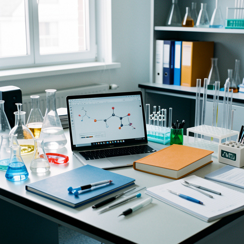 Espace de travail universitaire en chimie avec verrerie, modèles moléculaires, lunettes de protection, ordinateur et outils scientifiques soigneusement disposés.