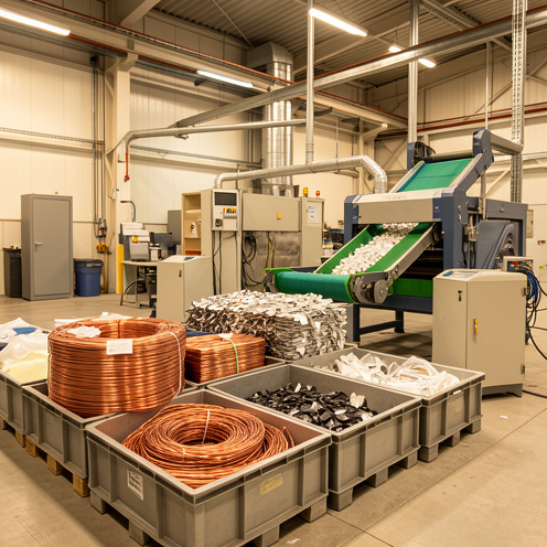 Installation de recyclage montrant du cuivre et du plastique séparés dans des bacs distincts par une machine de tri.