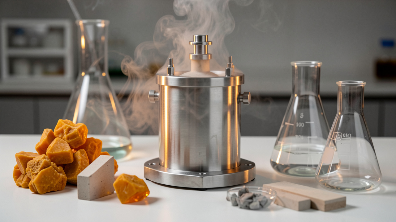 Échantillons de soufre, matériaux céramiques et verrerie de laboratoire disposés autour d’une chambre de réaction en acier inoxydable, évoquant la chimie appliquée à l’énergie et à l’environnement.