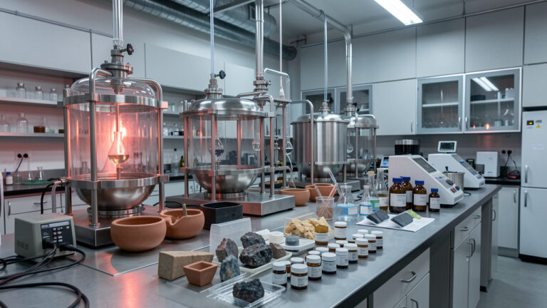 Laboratoire industriel de chimie des matériaux avec réacteurs en verre, creusets en céramique et échantillons de composés de strontium destinés à la fabrication de matériaux avancés.