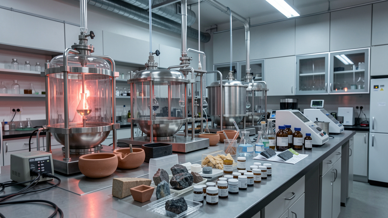 Laboratoire industriel de chimie des matériaux avec réacteurs en verre, creusets en céramique et échantillons de composés de strontium destinés à la fabrication de matériaux avancés.