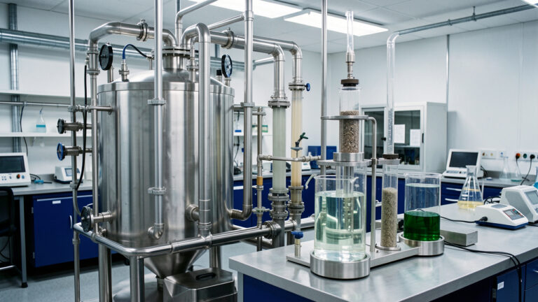 Laboratoire industriel de chimie des matériaux montrant un réacteur fermé, des colonnes de filtration et des équipements dédiés au traitement sécurisé de l’arsenic.