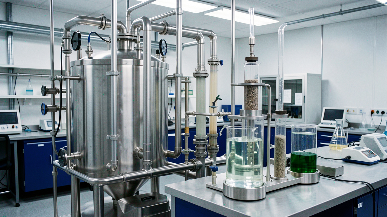 Laboratoire industriel de chimie des matériaux montrant un réacteur fermé, des colonnes de filtration et des équipements dédiés au traitement sécurisé de l’arsenic.